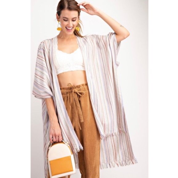Striped Linen Textured Frayed Open Kimono - Picture 5 of 5